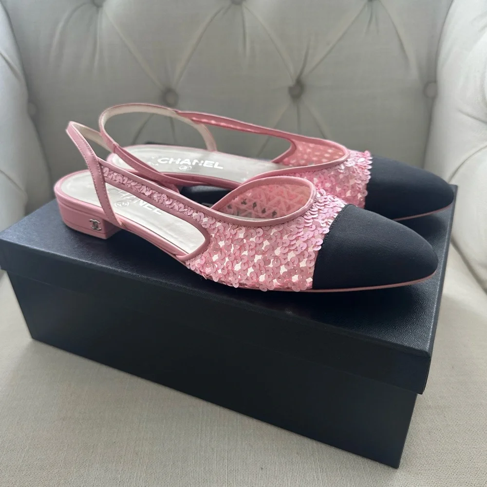 CHANEL Slingbacks Pink/Black Sequin Sofia Richie 23C With Box - Picture 4 of 15